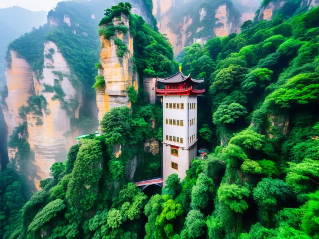 Vista detallada del ascensor Bailong en Zhangjiajie, China, integrando innovación y naturaleza