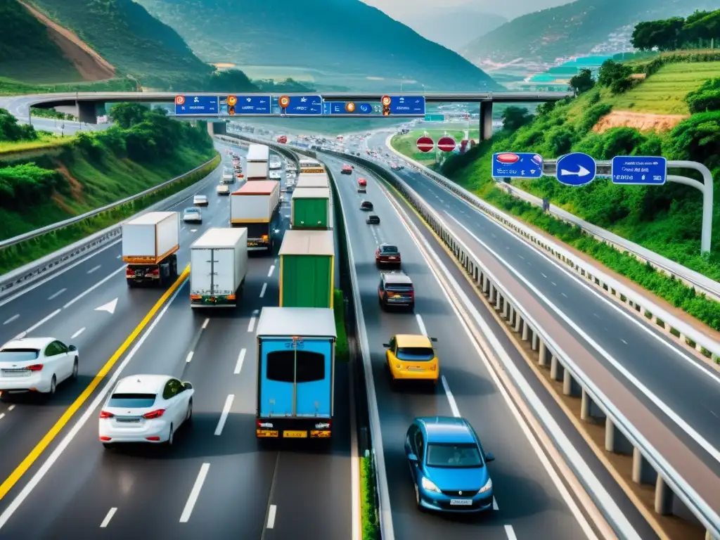 Vista detallada de una bulliciosa autopista internacional con señalización clara y prominente, destacando la importancia de la señalización internacional en la seguridad y navegación de las carreteras