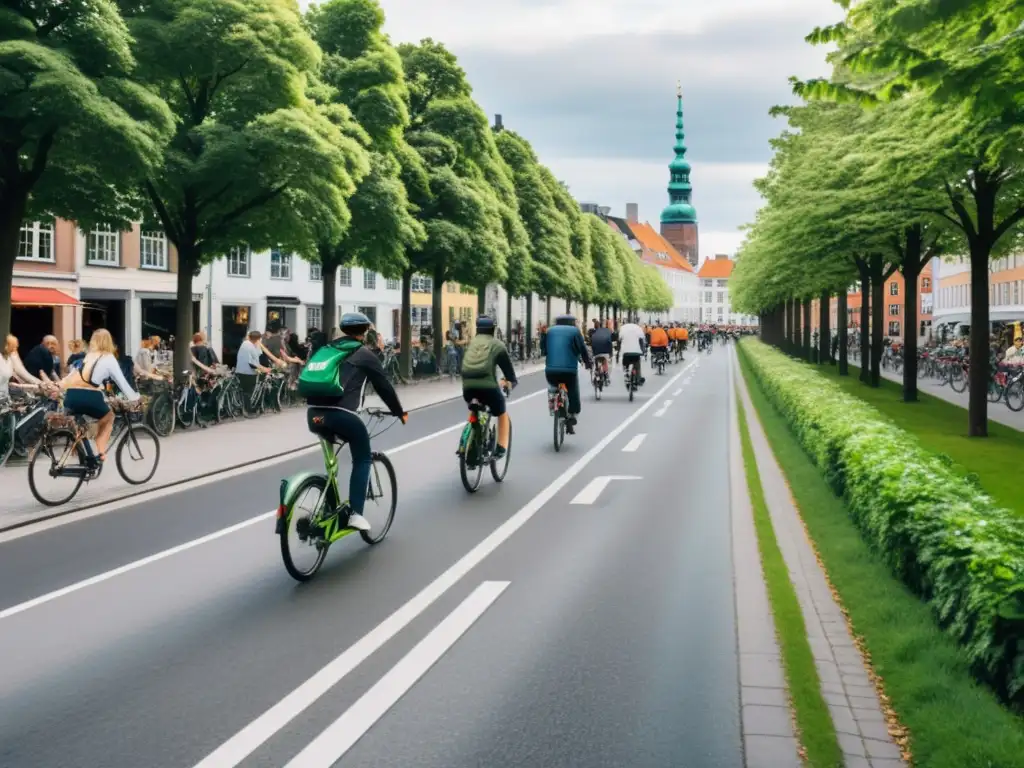 Vista detallada de una bulliciosa calle urbana en Copenhague, con un carril bici amplio y suave separado del tráfico vehicular por árboles verdes