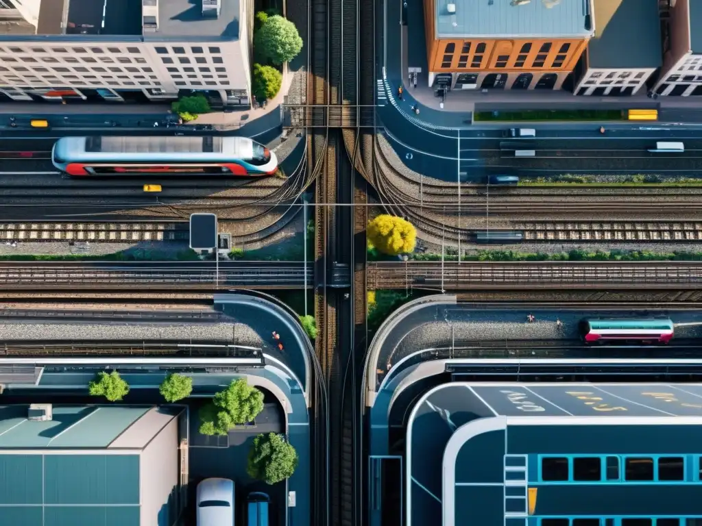 Vista detallada de un bullicioso centro de transporte urbano, mostrando la evolución de la reducción de ruido en transporte