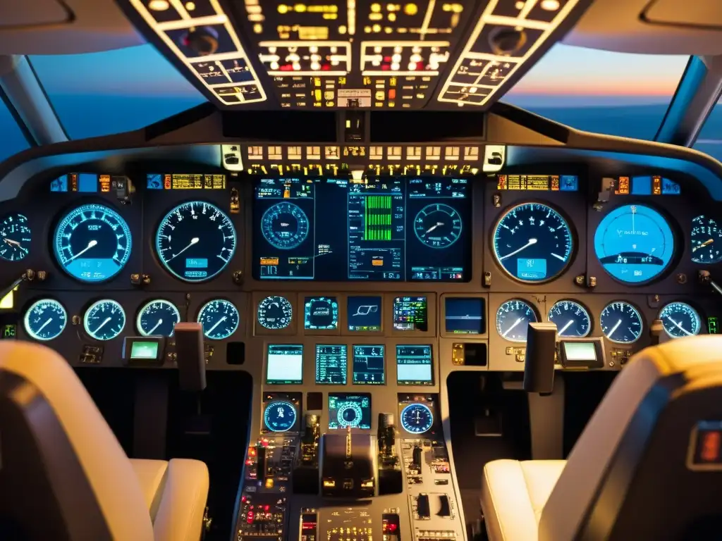 Vista detallada de la cabina de un avión moderno con instrumentos de medición en aviación moderna iluminados, destacando la tecnología de vanguardia