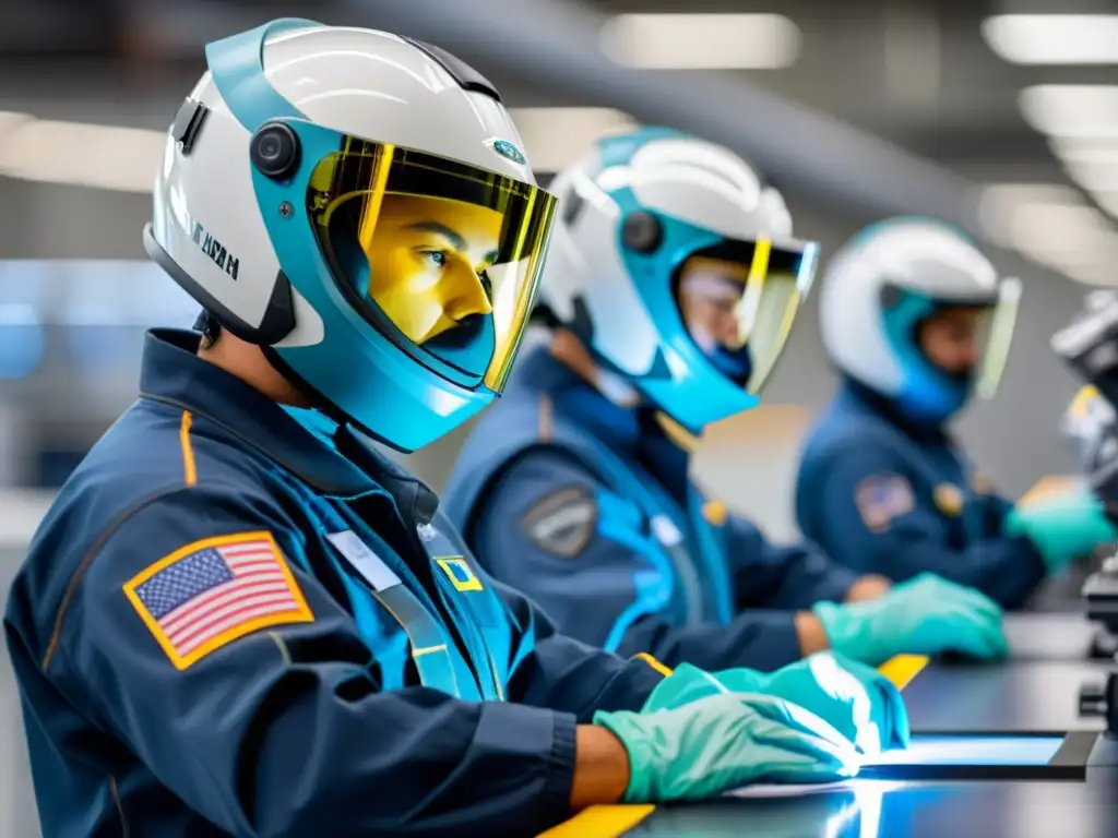 Vista detallada de la fabricación de equipamiento de protección personal para la industria aeronáutica, con tecnología de vanguardia y precisión en la elaboración de trajes de vuelo, cascos y gafas protectoras