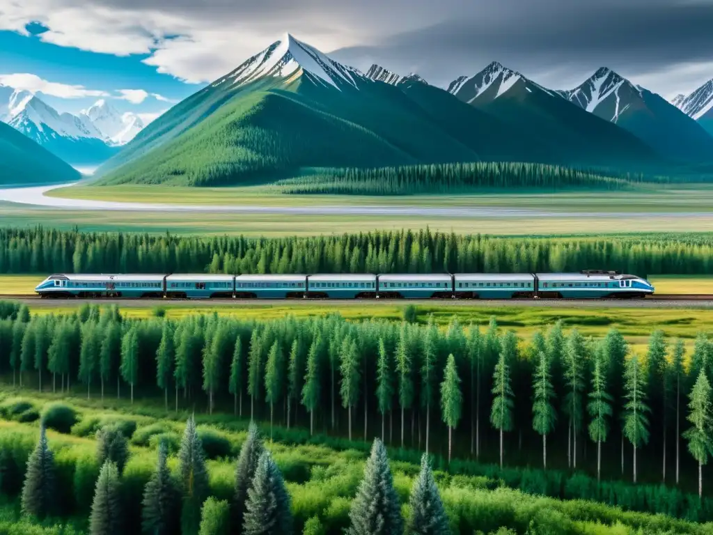 Vista detallada del ferrocarril Transiberiano serpenteando a través de montañas nevadas, bosques frondosos y llanuras infinitas