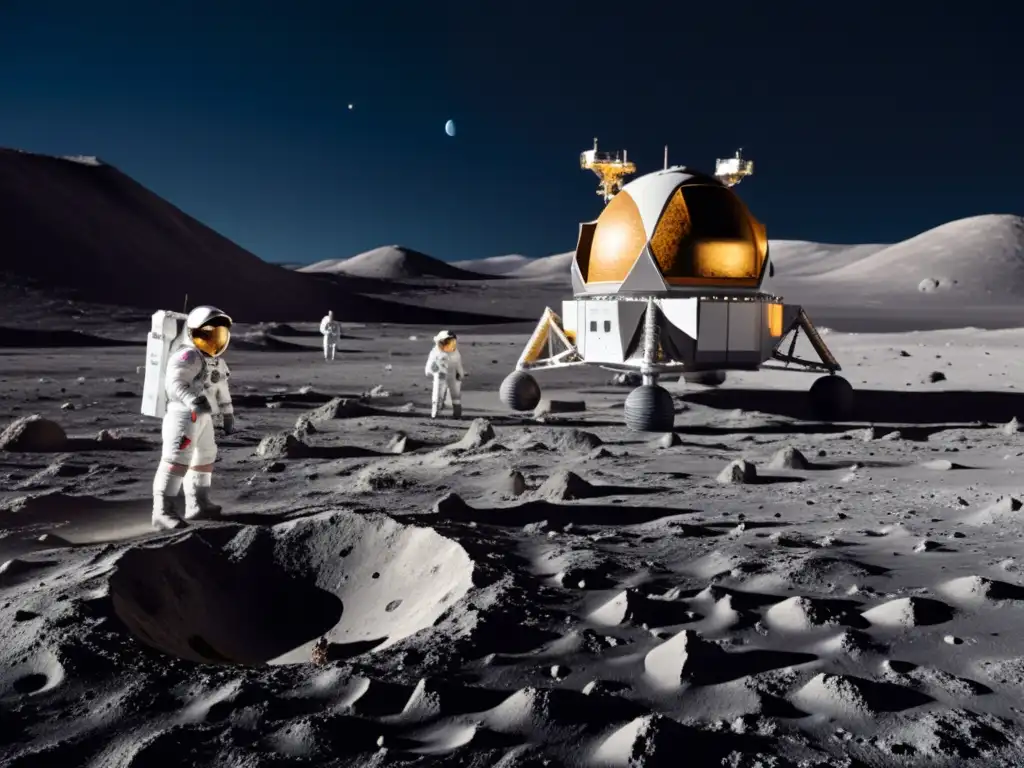 Vista detallada de un futurista puerto espacial en la luna, con naves y turistas maravillados