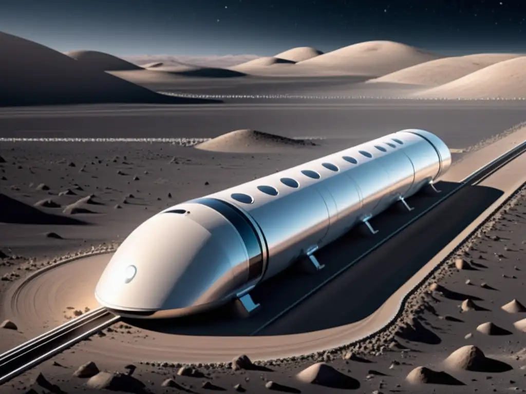 Vista detallada del futurista sistema de Hyperloop en la Luna, con paisaje lunar de fondo