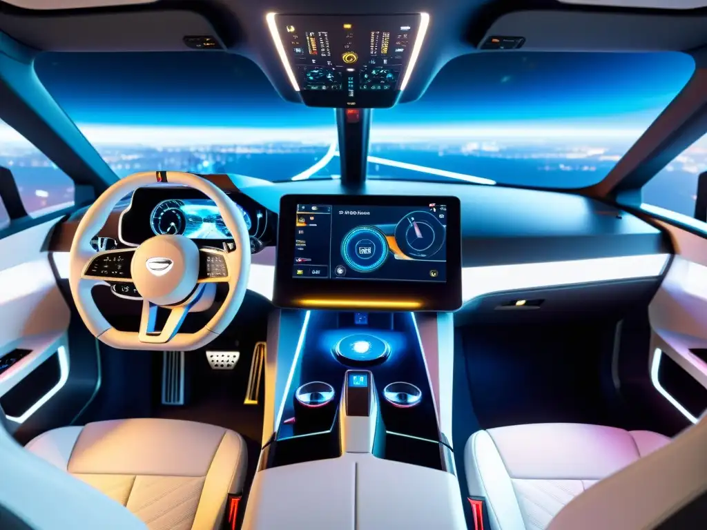 Vista detallada del interior futurista de una cabina de pilotos con integración de pantallas táctiles, diseño vanguardista e iluminación inmersiva