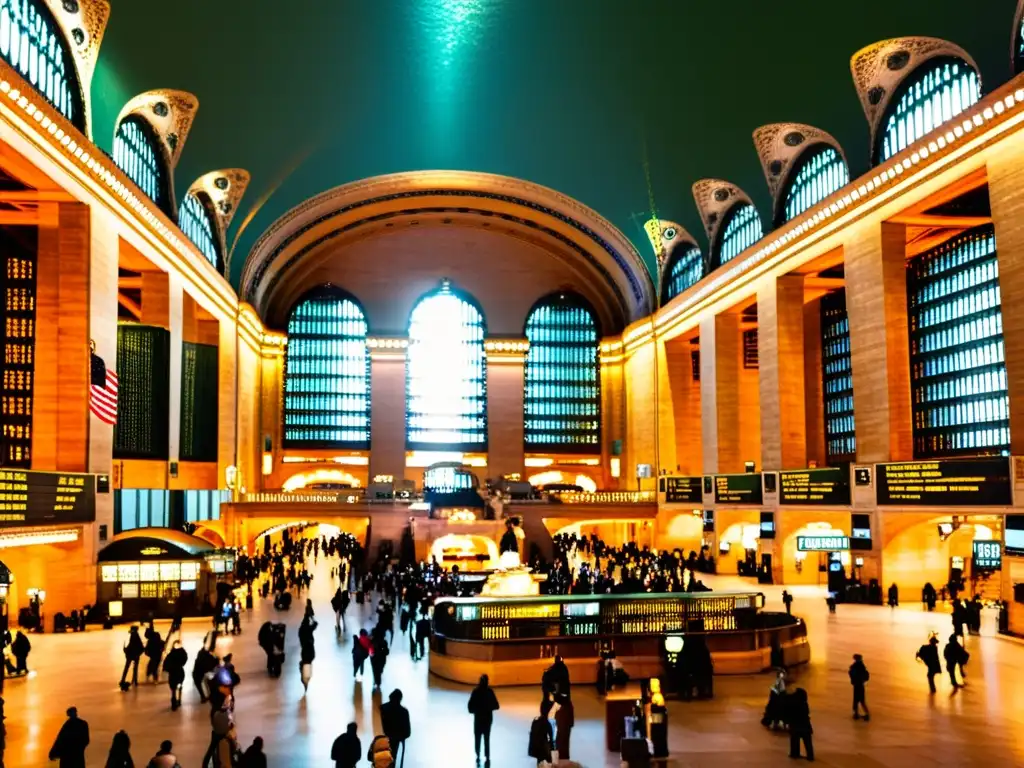 Vista detallada del interior majestuoso de la Estación Central de Nueva York, con su icónico techo celestial y la energía de viajeros y transeúntes