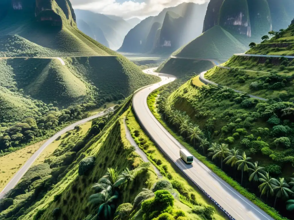 Vista detallada de la histórica evolución de medios de transporte en la carretera Panamericana, con paisajes diversos y vehículos variados