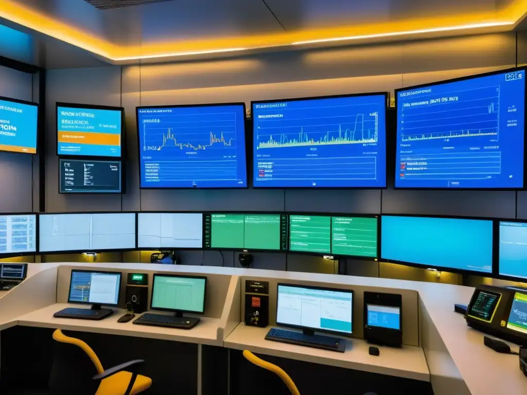 Vista detallada de un sistema de monitoreo de alta tecnología con múltiples pantallas mostrando datos en tiempo real de mercancías peligrosas