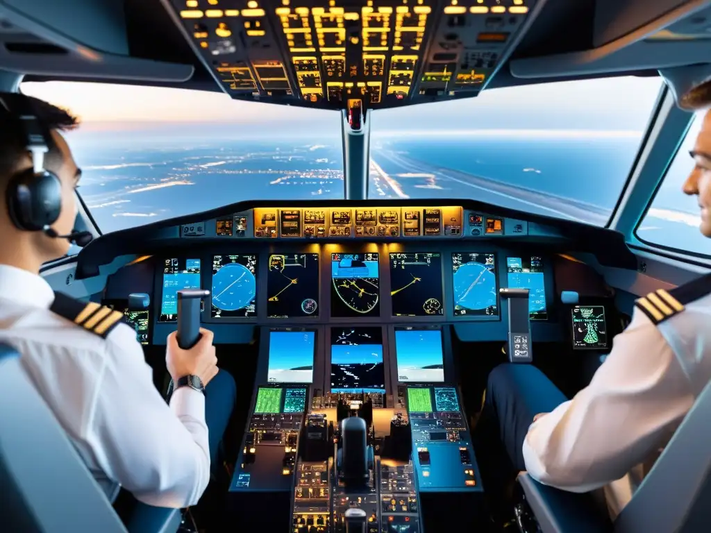 Vista detallada de la tecnología de cabina para pilotos modernos en un cockpit iluminado con avanzados displays y controles