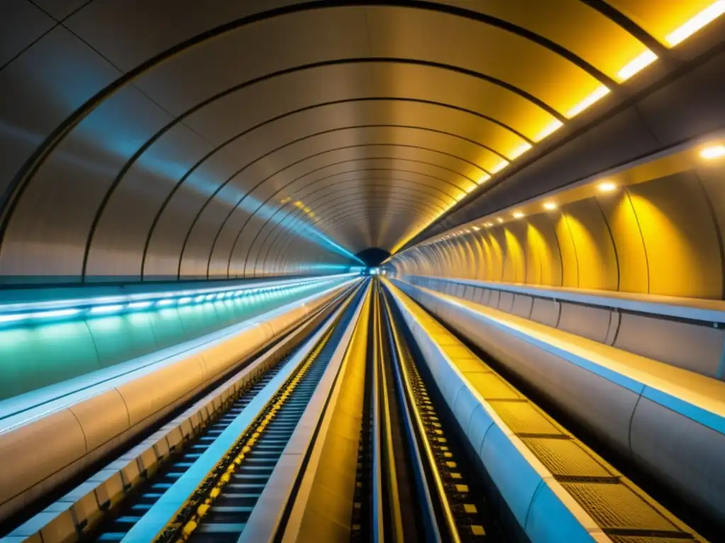 Vista detallada del túnel del Canal, con compleja red de vías y maquinaria de ingeniería avanzada, iluminada