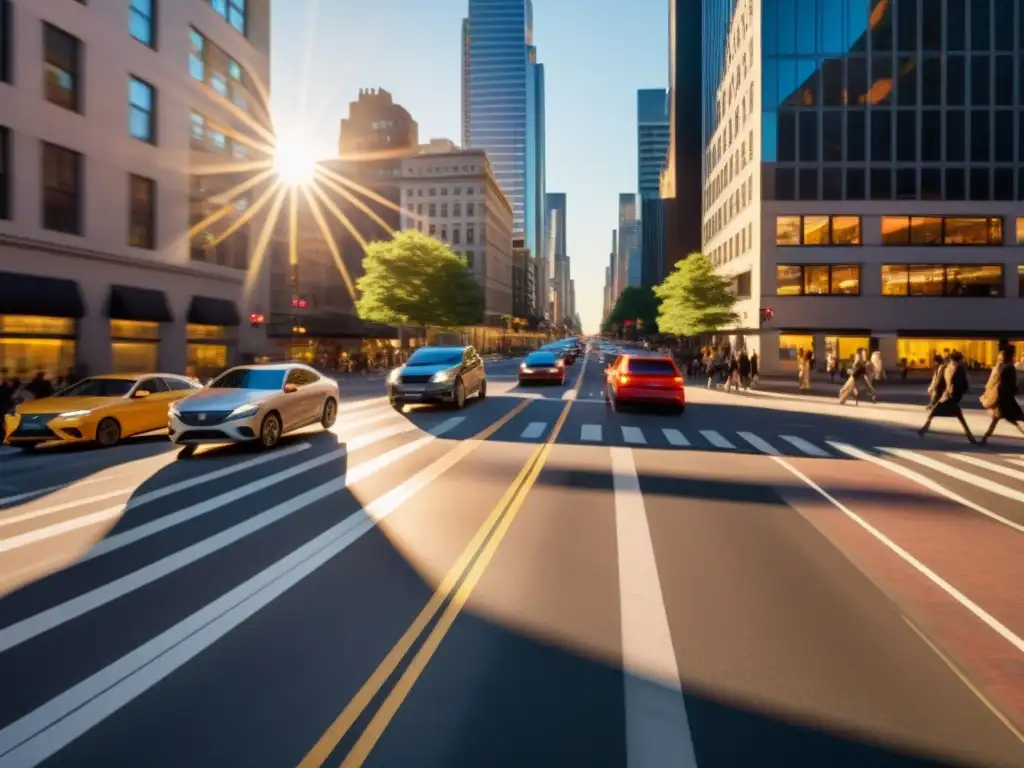 Vista dinámica de una calle de la ciudad atestada de gente y autos, con edificios altos y sombras al atardecer