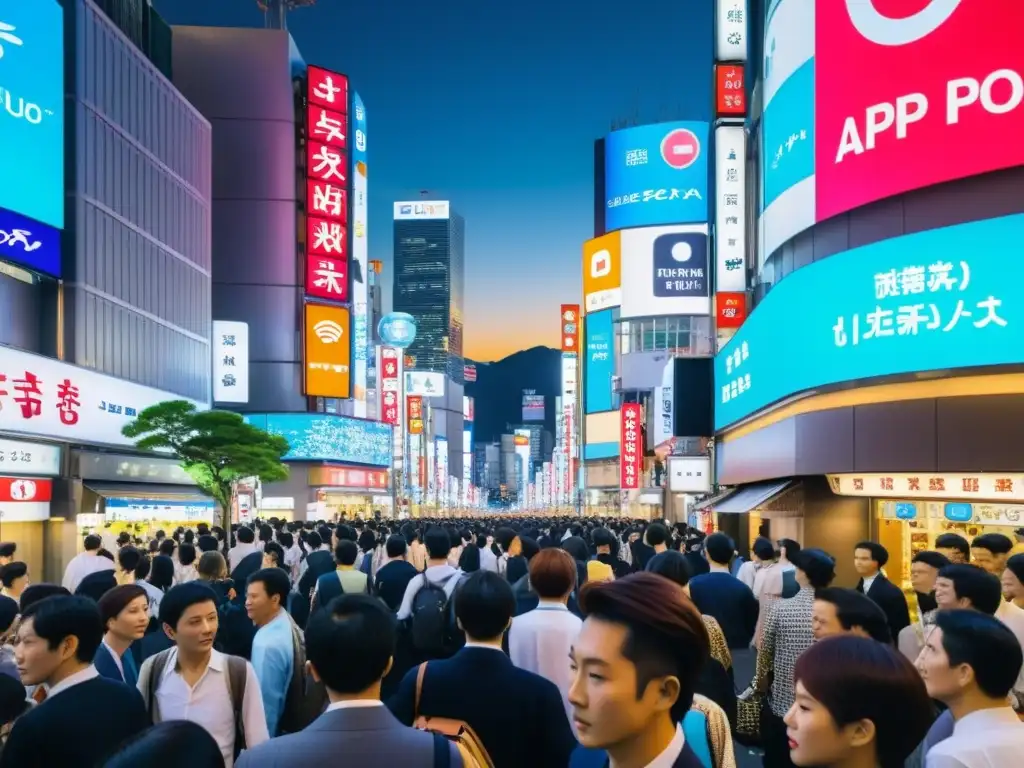 Vista dinámica de calles de Tokio con multitudes y señales de navegación, reflejando el uso de apps de navegación más usadas en la ciudad asiática