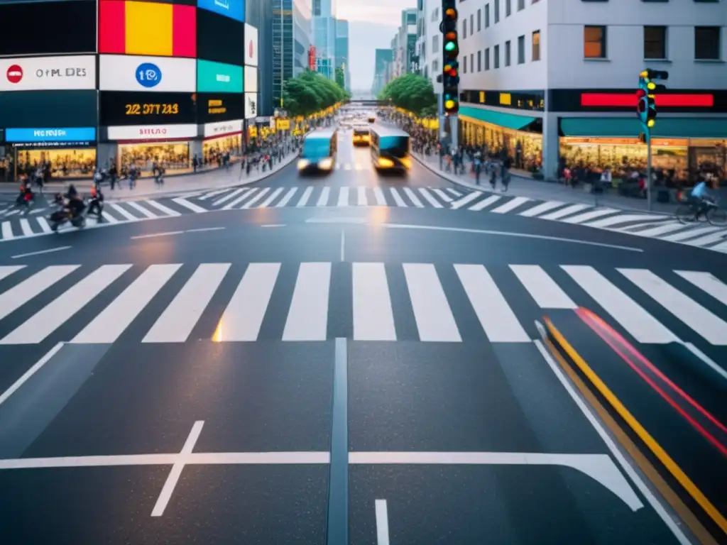 Vista dinámica de ciudad, destacando avances seguridad vial protección usuarios en intersección con tráfico variado