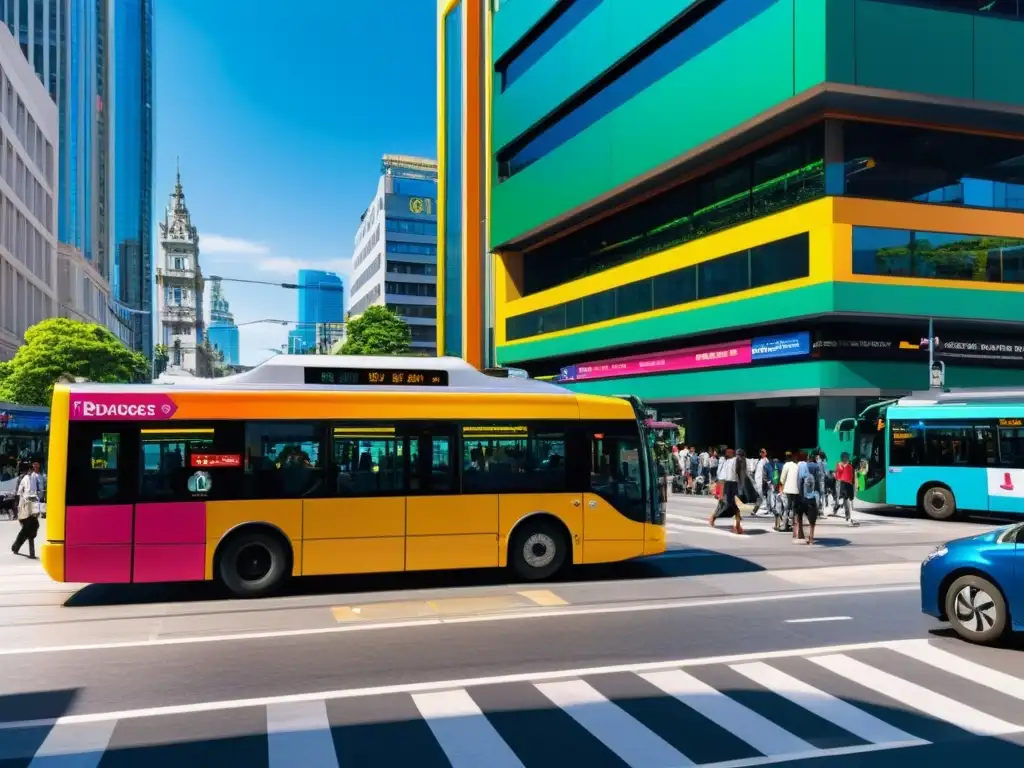 Vista dinámica de transporte público en una bulliciosa ciudad, resaltando la planificación y operación de redes de transporte