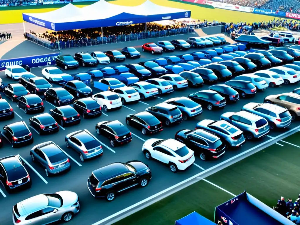 Vista elevada de un bullicioso estacionamiento de un estadio, con una gran variedad de vehículos y personas, mostrando la emoción y el caos organizado