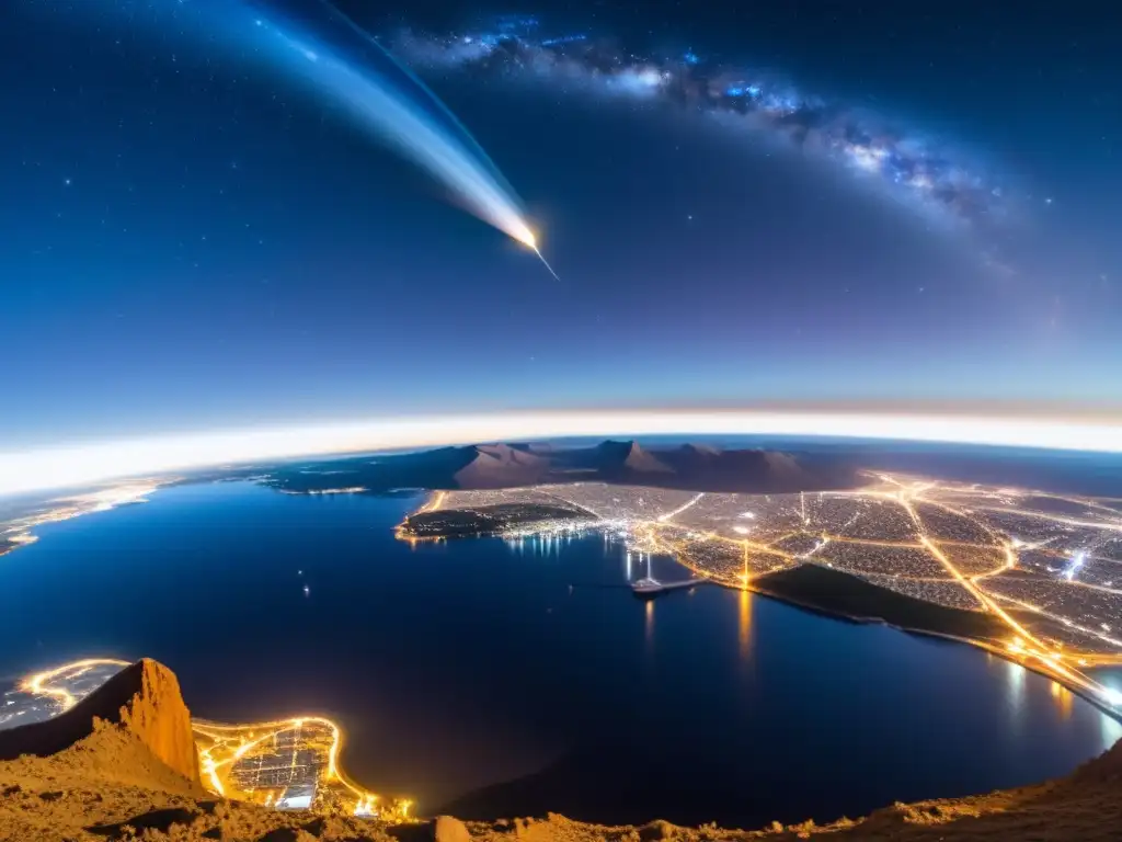 Vista espectacular del cielo nocturno desde el espacio con la evolución de los cohetes históricos en primer plano, creando asombro y maravilla