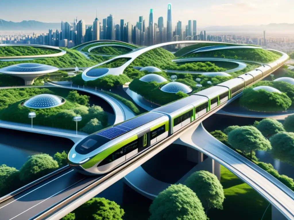 Vista futurista de una ciudad con adaptación de transporte al cambio climático, vehículos eléctricos y edificios sostenibles