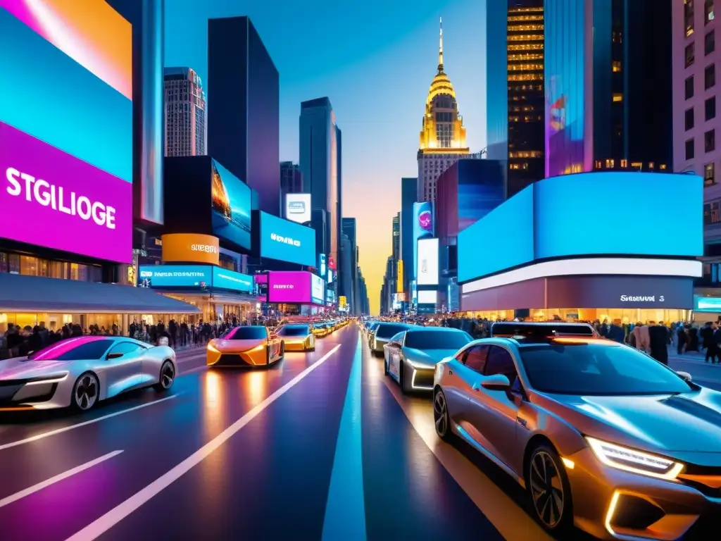 Vista futurista de la ciudad con coches y edificios iluminados por neón, promoviendo las mejores aplicaciones de navegación 2023