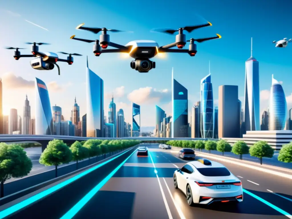 Vista futurista de la ciudad con coches autónomos y drones, mostrando mejoras en aplicaciones de navegación