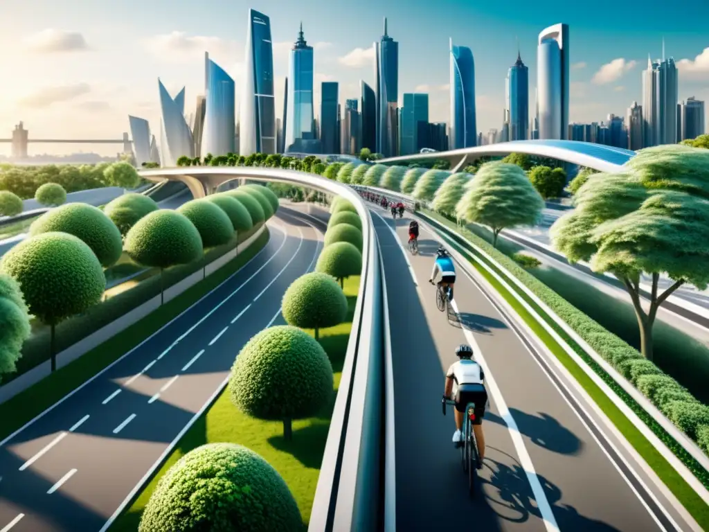 Vista futurista de la ciudad con desarrollo de infraestructuras para ciclistas