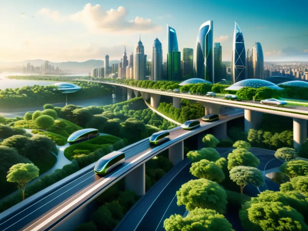 Vista futurista de la ciudad con infraestructuras de transporte adaptadas al cambio climático y rodeada de naturaleza exuberante