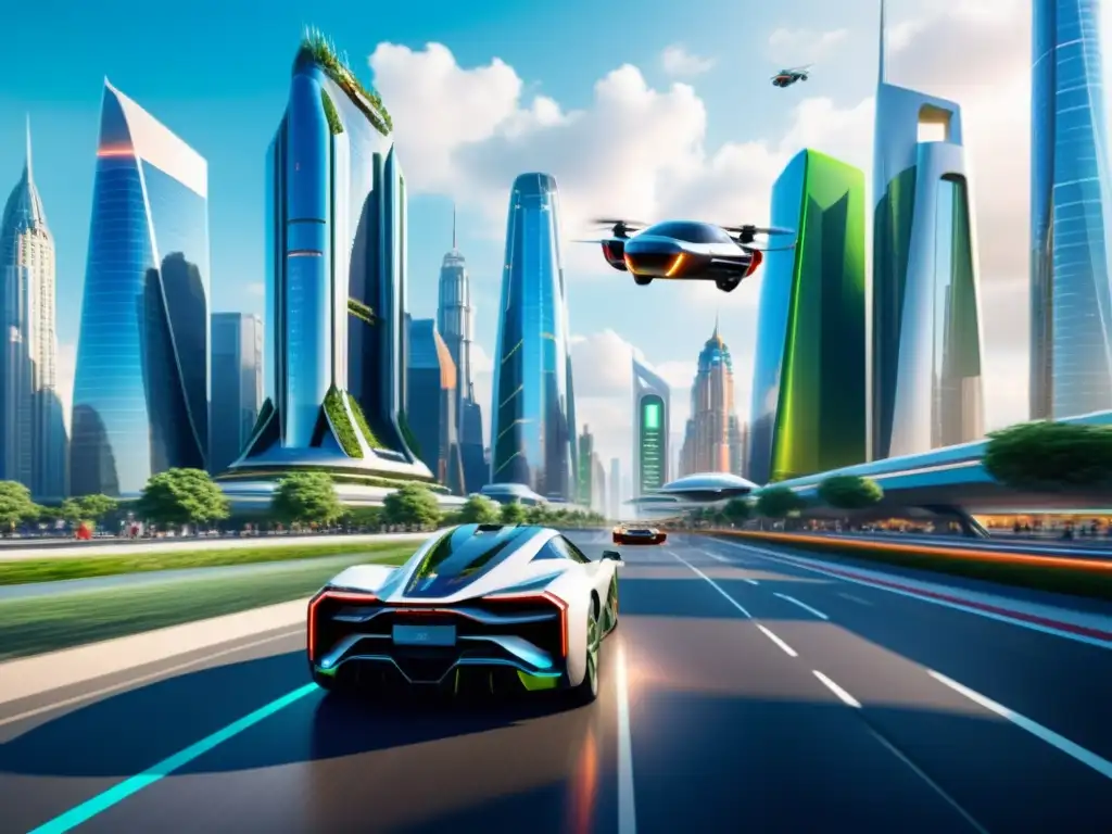 Vista futurista de una ciudad llena de rascacielos y autos voladores innovadores revolucionando el transporte del futuro