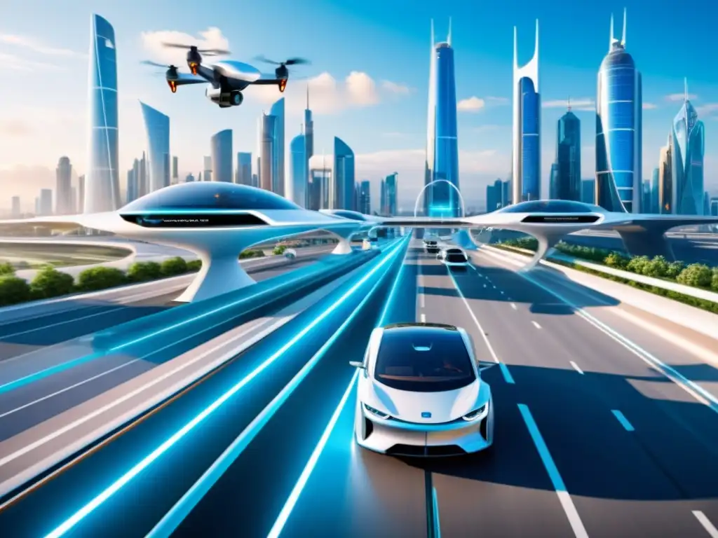 Vista futurista de una ciudad con evolución en medios de transporte e innovaciones tecnológicas