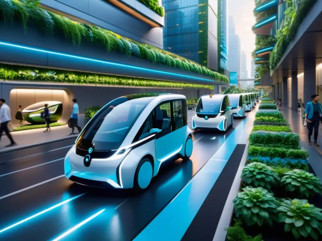 Vista futurista de la ciudad con tecnologías emergentes para transporte limpio