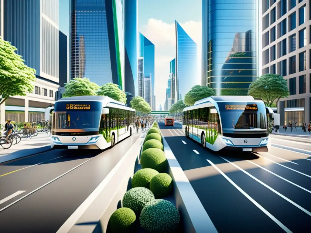 Vista futurista de la ciudad con transporte integrado, incluyendo buses eléctricos, bicisendas y vehículos autónomos