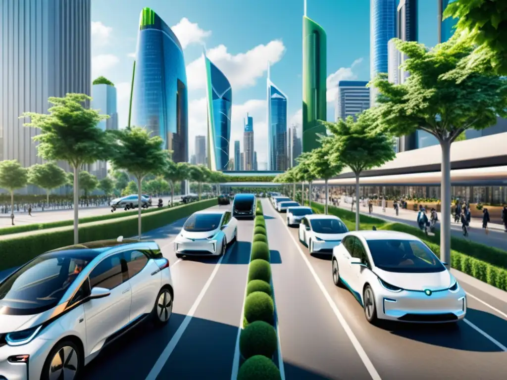 Vista futurista de una ciudad con vehículos eléctricos y moderna infraestructura urbana, evolución de medios de transporte