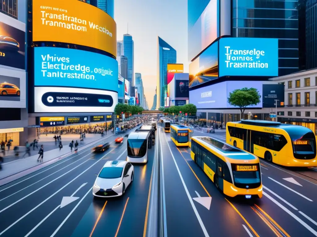 Vista futurista de una ciudad con vehículos autónomos y buses eléctricos, mostrando la legislación del transporte en la era digital