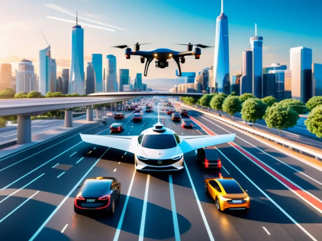 Vista futurista de la ciudad con vehículos autónomos y drones, destacando la integración de la inteligencia artificial en seguridad del transporte