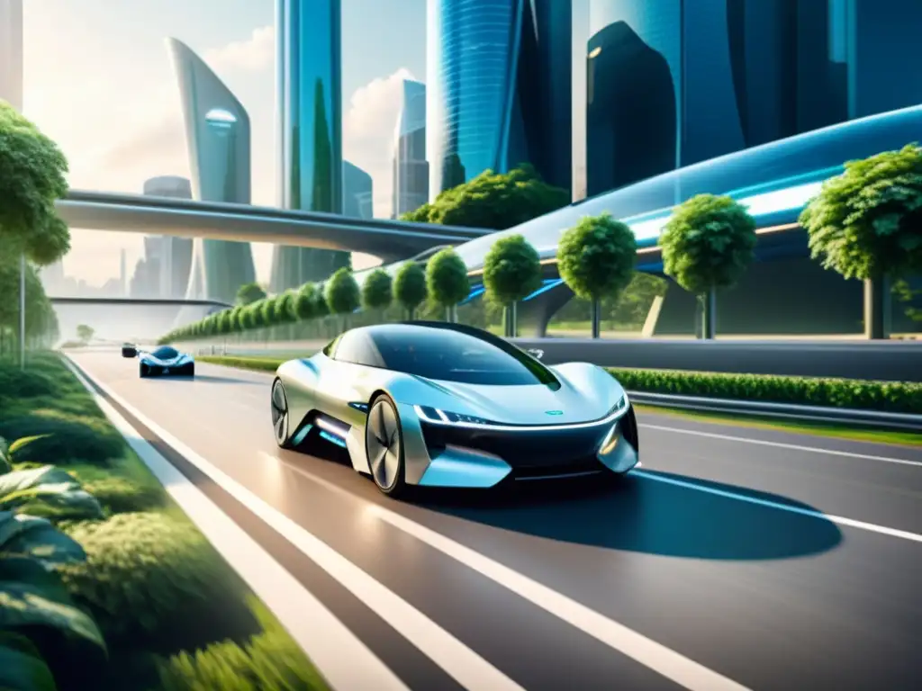 Vista futurista de la ciudad con vehículos eléctricos y tecnologías emergentes transporte limpio