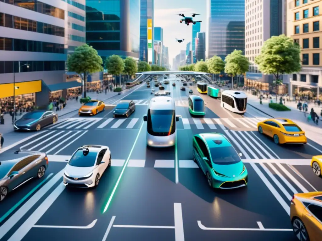 Vista futurista de la digitalización de la infraestructura de transporte, con autos autónomos y drones en una bulliciosa ciudad