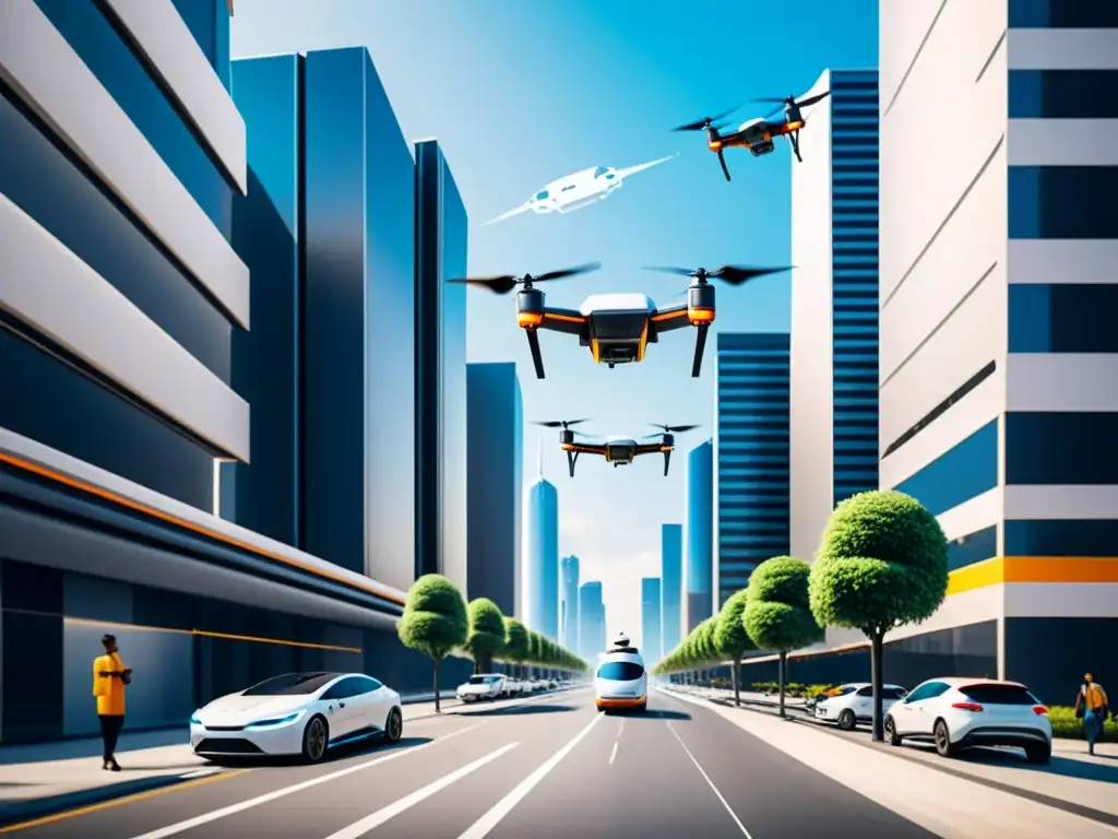 Vista futurista de drones de entrega en una bulliciosa calle de la ciudad, representando la logística de última milla en entornos urbanos futuros