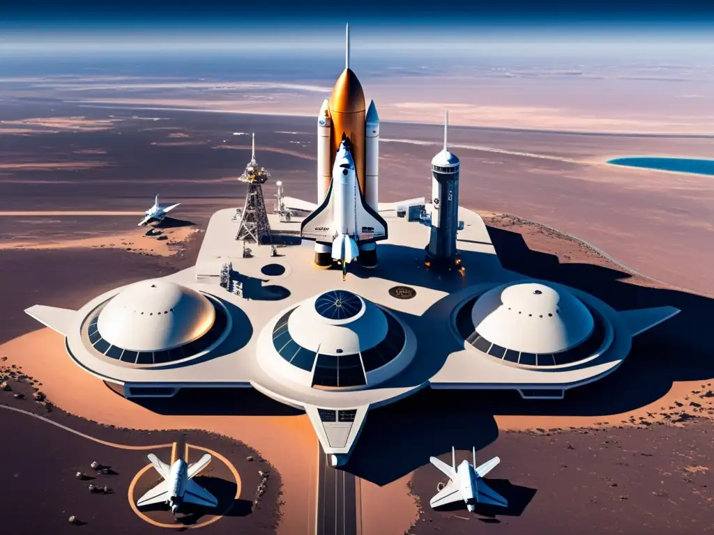 Vista futurista de un espacioport con lanzaderas y tecnología de punta para el turismo espacial innovaciones tecnológicas