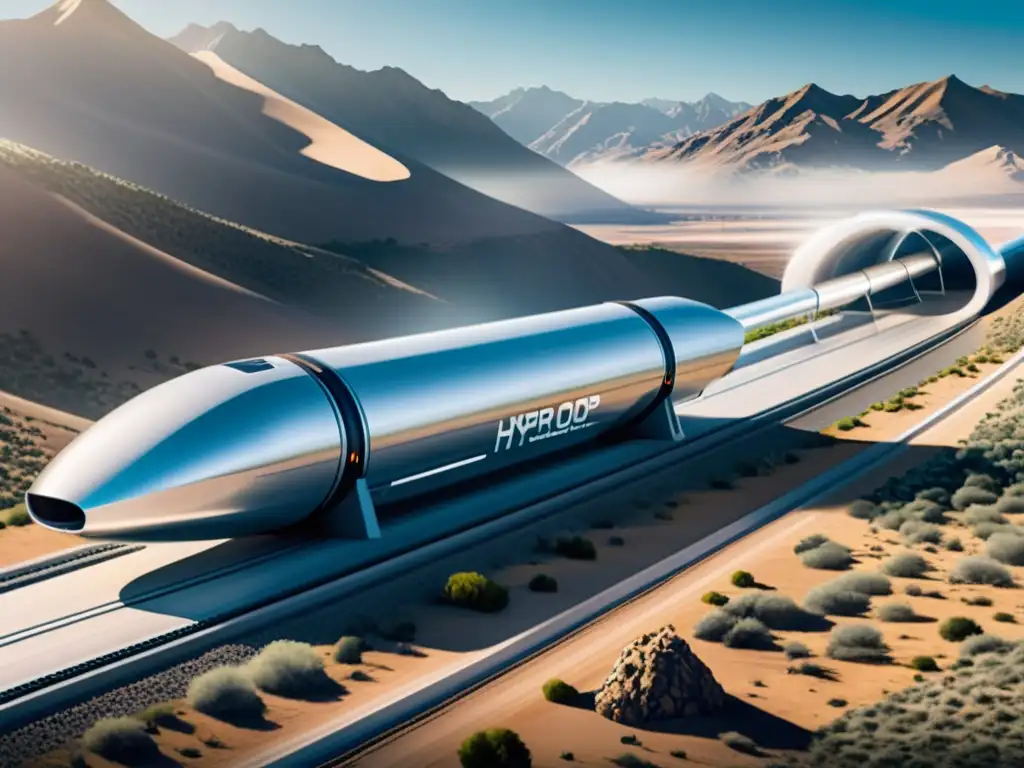 Vista futurista del sistema de transporte de carga Hyperloop, con paisaje montañoso y ciudades