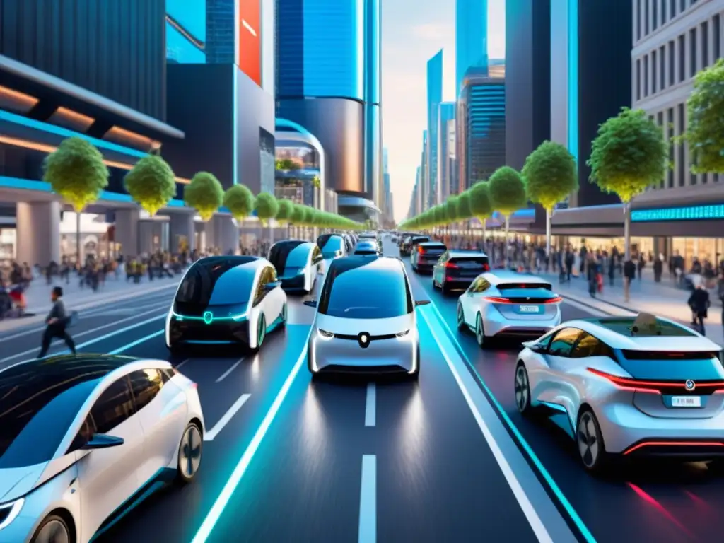 Vista futurista de la evolución del transporte en la ciudad, con vehículos eléctricos y arquitectura innovadora