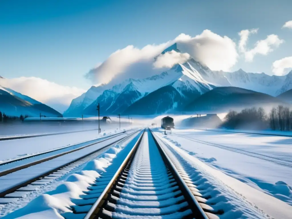 Vista helada de la red ferroviaria del Corredor logístico frío del mundo, entre montañas nevadas y un tren de carga en movimiento