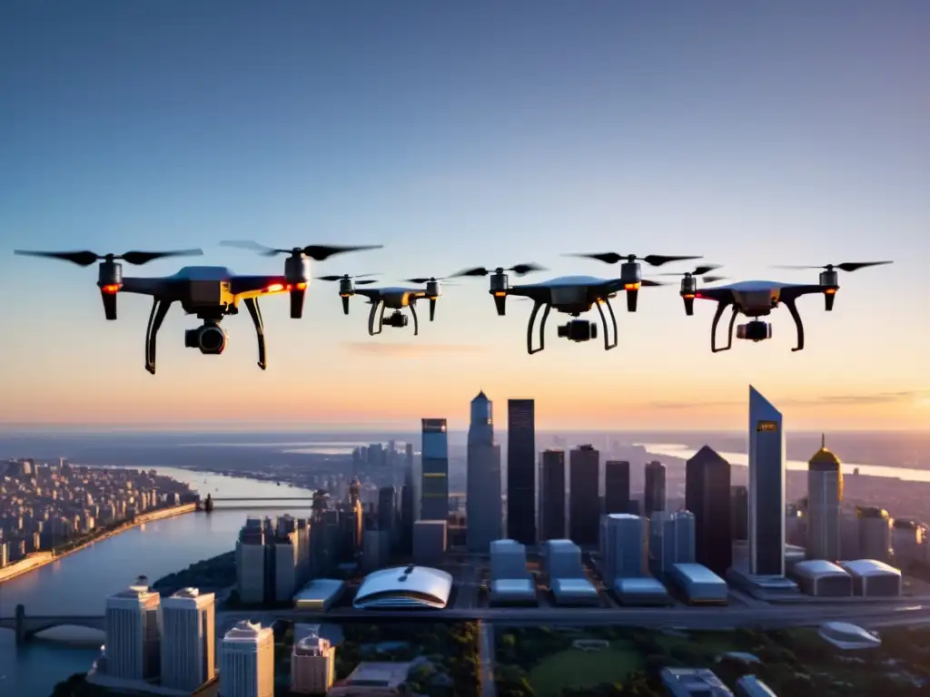 Vista impresionante de drones volando sobre la ciudad al atardecer, mostrando la evolución en regulaciones transporte aéreo no tripulado