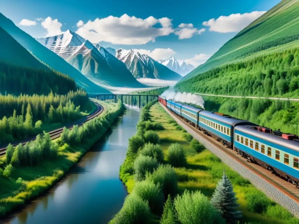 Vista impresionante de la emblemática Transiberiana serpenteando a través del paisaje ruso, evocando la aventura de viajes en tren emblemáticos