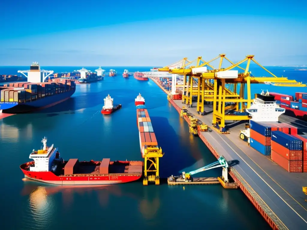 Vista impresionante de un puerto bullicioso, con barcos de carga enormes y operaciones frenéticas en los muelles