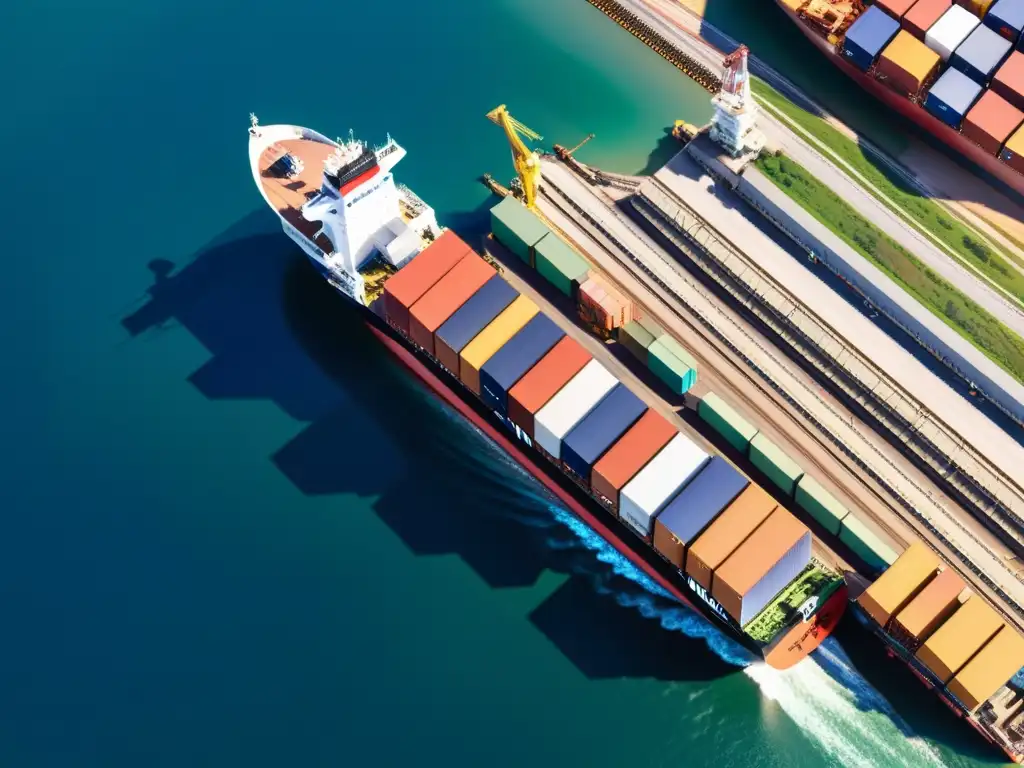 Vista impresionante de un puerto en plena actividad, con barcos y maquinaria moviendo mercancías