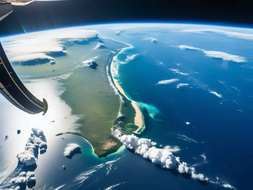 Vista impresionante de la Tierra desde una nave espacial, con la curvatura del planeta, océanos azules, tierras verdes y nubes blancas