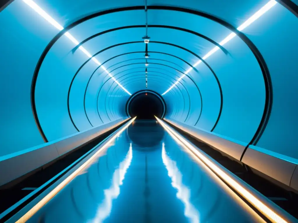 Vista interior de un túnel subacuático con iluminación futurista y diseño de ingeniería moderna