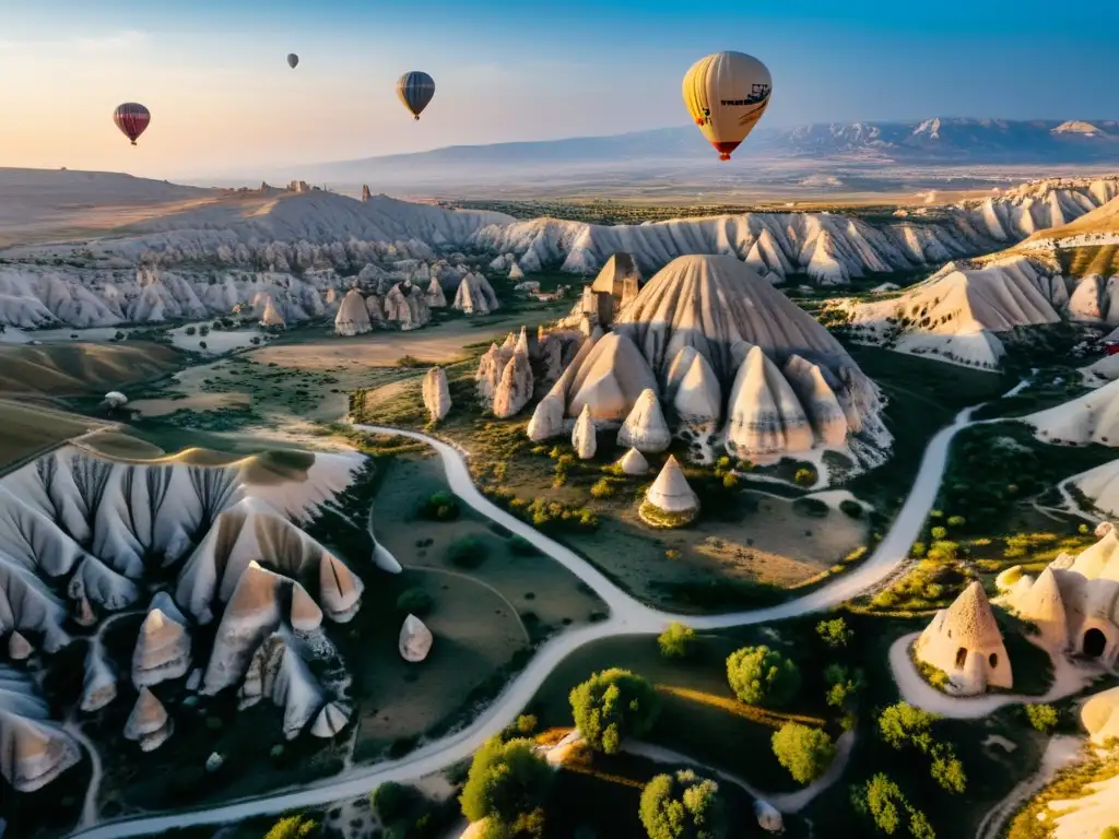 Vista aérea mágica de Cappadocia, Turquía, con globos aerostáticos y paisajes lunares