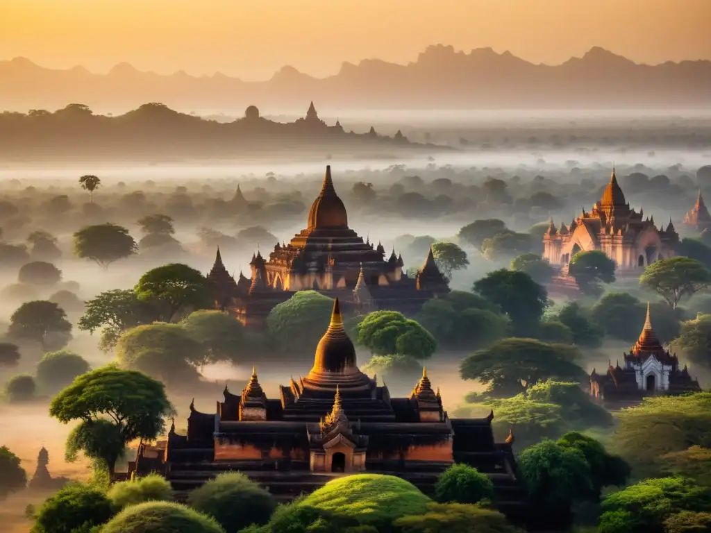 Vista aérea mágica de templos antiguos en Bagan, Myanmar, bañados por la luz del amanecer