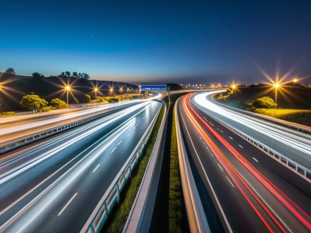 Vista nocturna de autopista en 8K, resalta importancia visibilidad nocturna prevención riesgos transporte