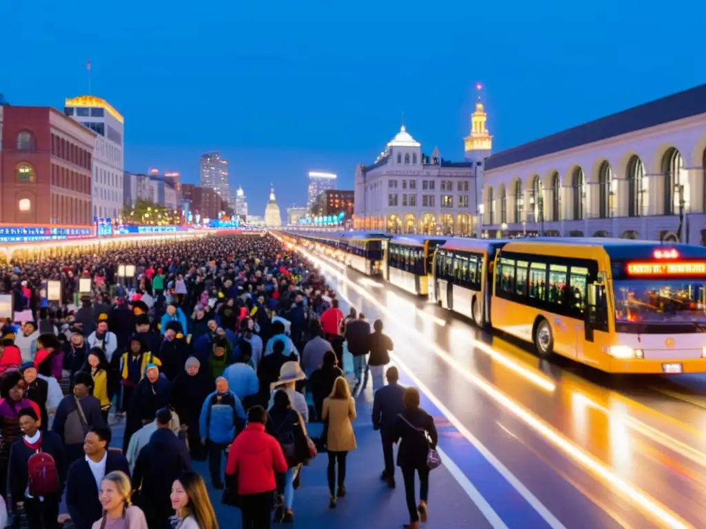 Vista nocturna de la ciudad durante un evento masivo con transporte público y multitudes